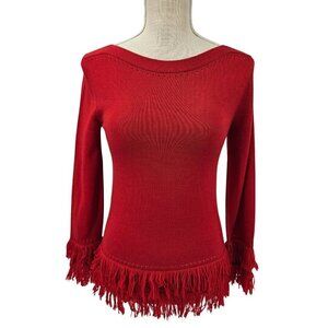 Trina Turk Merino Wool Boat Neck Fringe Trim Sweater Red Women's XS Knit Preppy